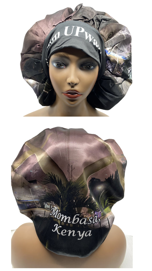 Mombasa, Kenya Bonnet Satin Reversible Hair Bonnet Cap, Wide Edge