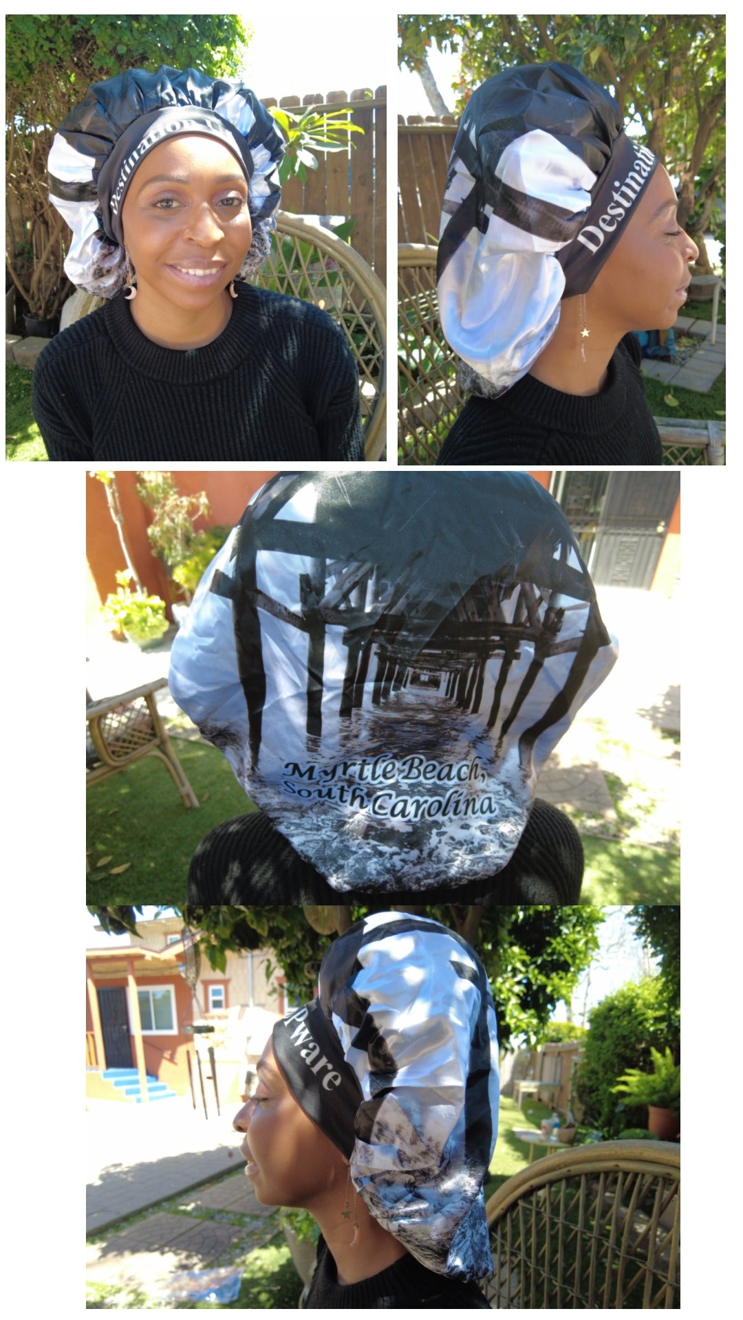 Myrtle Beach, South Carolina Satin Reversible Hair Bonnet Cap, Wide Edge